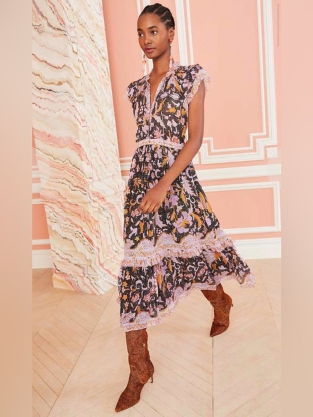 Ulla Johnson Celestia Dress  Floral Ruffle Midi | Designer Boho Romantic sz 2